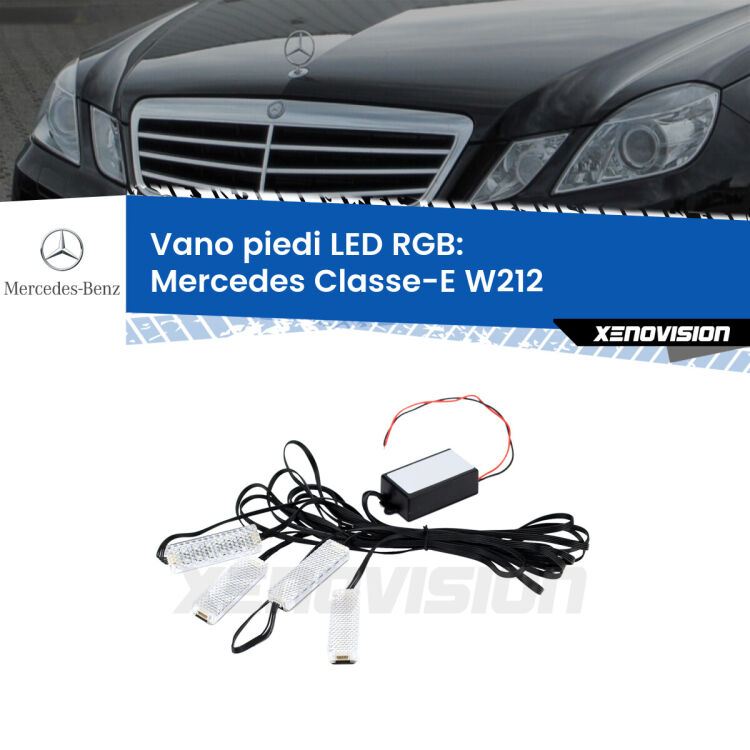 <strong>Kit placche LED cambiacolore vano piedi Mercedes Classe-E</strong> W212 2009 - 2016. 4 placche <strong>Bluetooth</strong> con app Android /iOS.