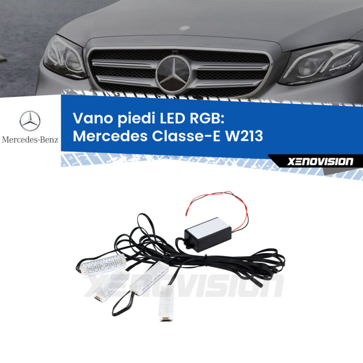 <strong>Kit placche LED cambiacolore vano piedi Mercedes Classe-E</strong> W213 2016 - 2018. 4 placche <strong>Bluetooth</strong> con app Android /iOS.