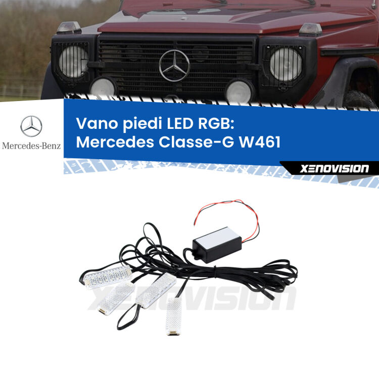 <strong>Kit placche LED cambiacolore vano piedi Mercedes Classe-G</strong> W461 1990 - 2000. 4 placche <strong>Bluetooth</strong> con app Android /iOS.