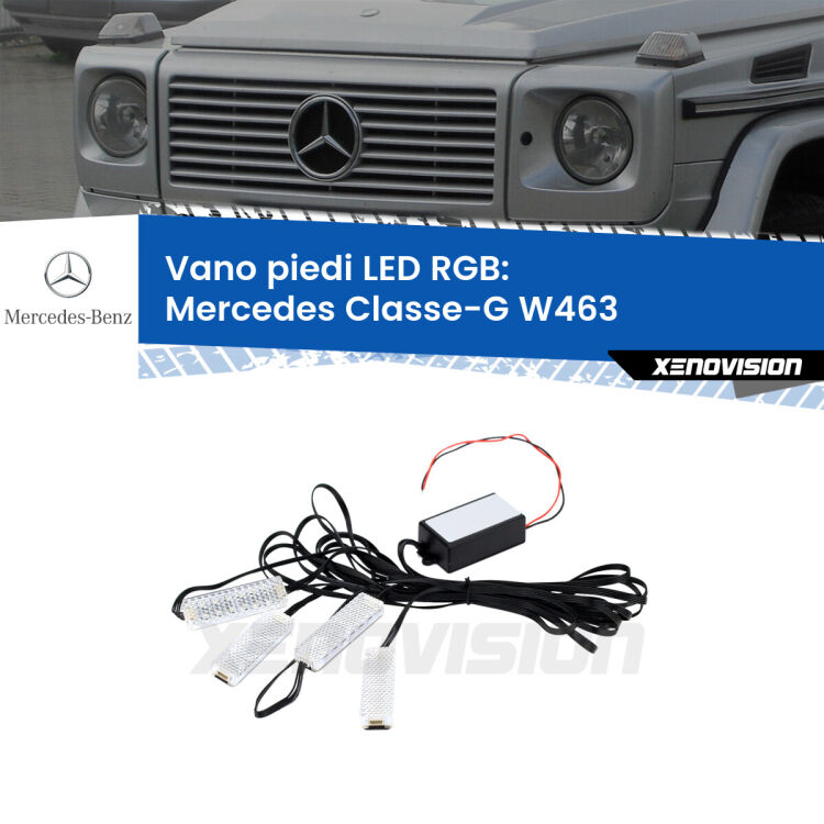 <strong>Kit placche LED cambiacolore vano piedi Mercedes Classe-G</strong> W463 1991 - 2004. 4 placche <strong>Bluetooth</strong> con app Android /iOS.