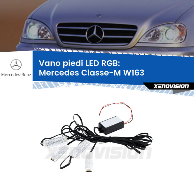 <strong>Kit placche LED cambiacolore vano piedi Mercedes Classe-M</strong> W163 1998 - 2005. 4 placche <strong>Bluetooth</strong> con app Android /iOS.