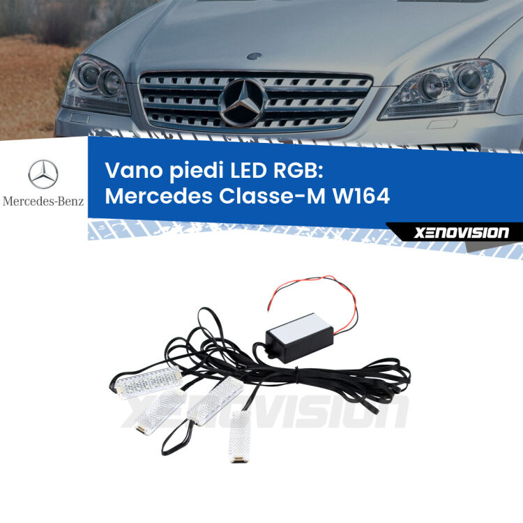 <strong>Kit placche LED cambiacolore vano piedi Mercedes Classe-M</strong> W164 2005 - 2011. 4 placche <strong>Bluetooth</strong> con app Android /iOS.