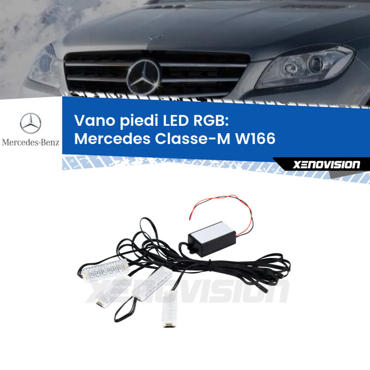 <strong>Kit placche LED cambiacolore vano piedi Mercedes Classe-M</strong> W166 2011 - 2015. 4 placche <strong>Bluetooth</strong> con app Android /iOS.