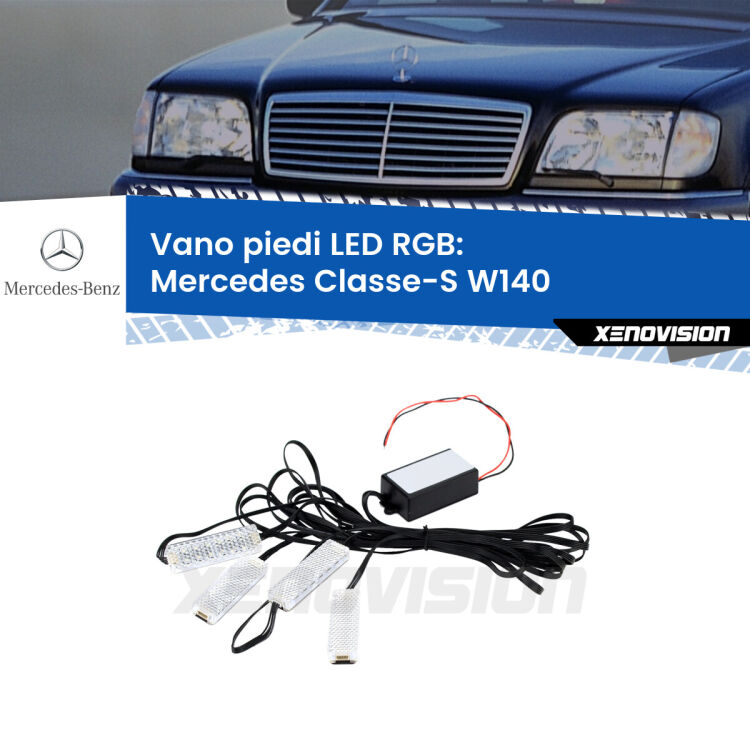 <strong>Kit placche LED cambiacolore vano piedi Mercedes Classe-S</strong> W140 1991 - 1998. 4 placche <strong>Bluetooth</strong> con app Android /iOS.