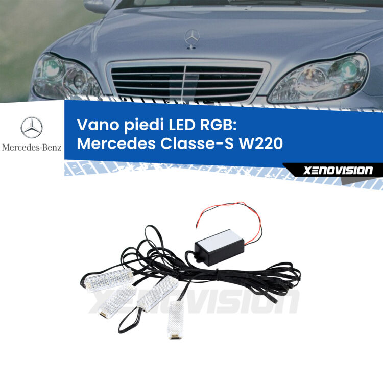 <strong>Kit placche LED cambiacolore vano piedi Mercedes Classe-S</strong> W220 1998 - 2005. 4 placche <strong>Bluetooth</strong> con app Android /iOS.