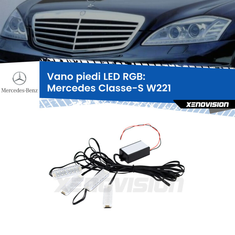 <strong>Kit placche LED cambiacolore vano piedi Mercedes Classe-S</strong> W221 2005 - 2013. 4 placche <strong>Bluetooth</strong> con app Android /iOS.