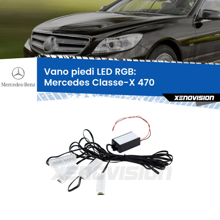 <strong>Kit placche LED cambiacolore vano piedi Mercedes Classe-X</strong> 470 2017 in poi. 4 placche <strong>Bluetooth</strong> con app Android /iOS.