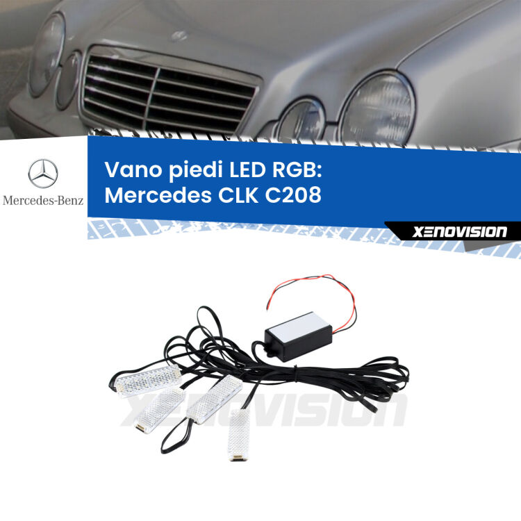 <strong>Kit placche LED cambiacolore vano piedi Mercedes CLK</strong> C208 1997 - 2002. 4 placche <strong>Bluetooth</strong> con app Android /iOS.