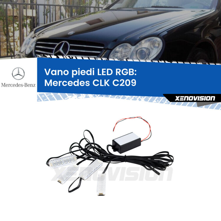 <strong>Kit placche LED cambiacolore vano piedi Mercedes CLK</strong> C209 2002 - 2009. 4 placche <strong>Bluetooth</strong> con app Android /iOS.
