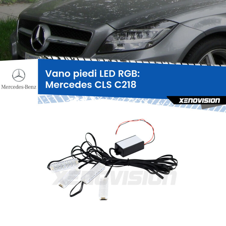 <strong>Kit placche LED cambiacolore vano piedi Mercedes CLS</strong> C218 2011 - 2017. 4 placche <strong>Bluetooth</strong> con app Android /iOS.