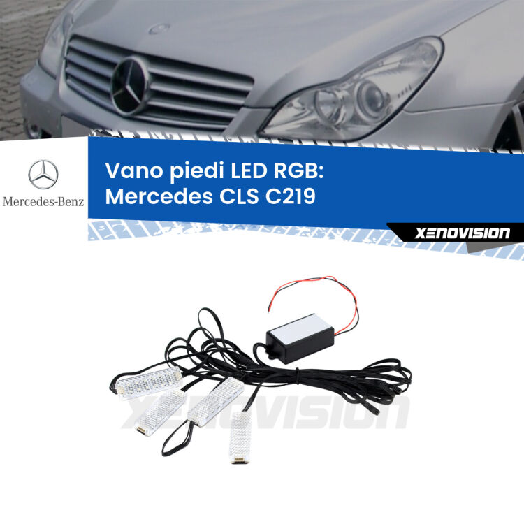 <strong>Kit placche LED cambiacolore vano piedi Mercedes CLS</strong> C219 2004 - 2010. 4 placche <strong>Bluetooth</strong> con app Android /iOS.