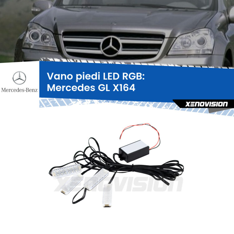 <strong>Kit placche LED cambiacolore vano piedi Mercedes GL</strong> X164 2006 - 2012. 4 placche <strong>Bluetooth</strong> con app Android /iOS.