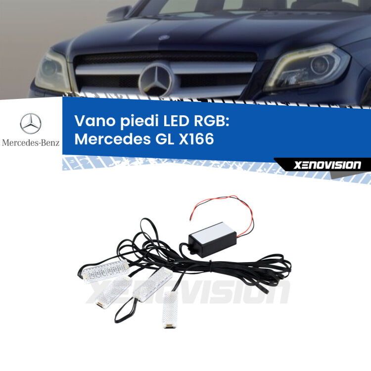 <strong>Kit placche LED cambiacolore vano piedi Mercedes GL</strong> X166 2012 - 2015. 4 placche <strong>Bluetooth</strong> con app Android /iOS.