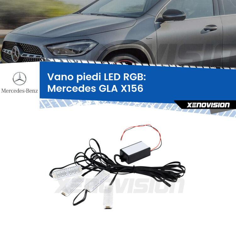 <strong>Kit placche LED cambiacolore vano piedi Mercedes GLA</strong> X156 2013 in poi. 4 placche <strong>Bluetooth</strong> con app Android /iOS.