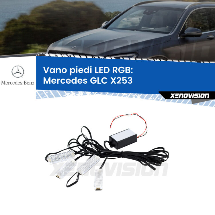 <strong>Kit placche LED cambiacolore vano piedi Mercedes GLC</strong> X253 2015 - 2019. 4 placche <strong>Bluetooth</strong> con app Android /iOS.