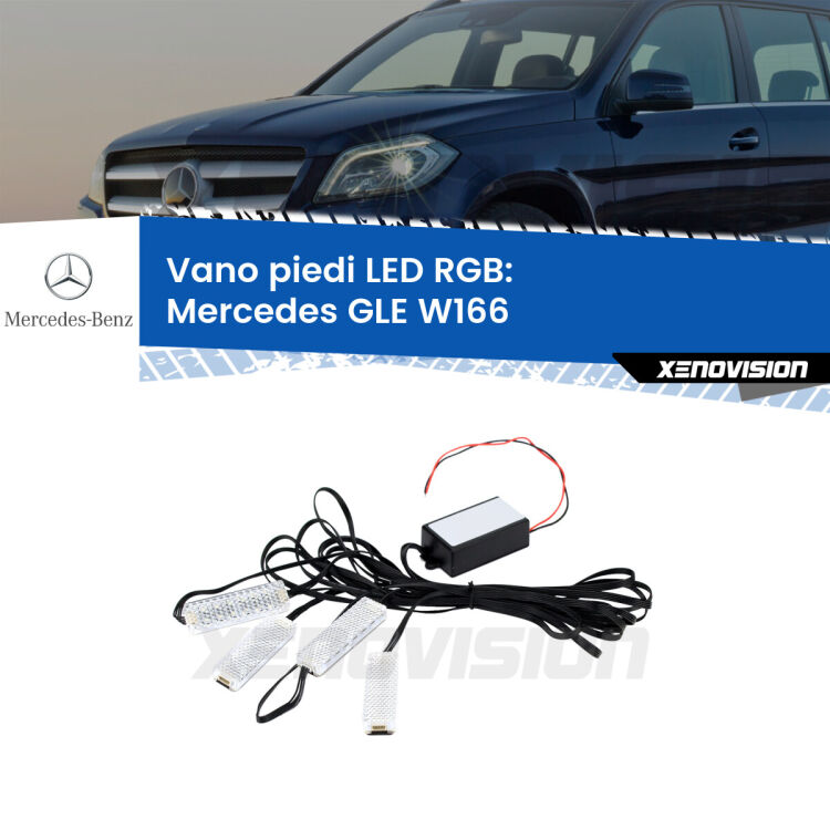 <strong>Kit placche LED cambiacolore vano piedi Mercedes GLE</strong> W166 2015 - 2018. 4 placche <strong>Bluetooth</strong> con app Android /iOS.