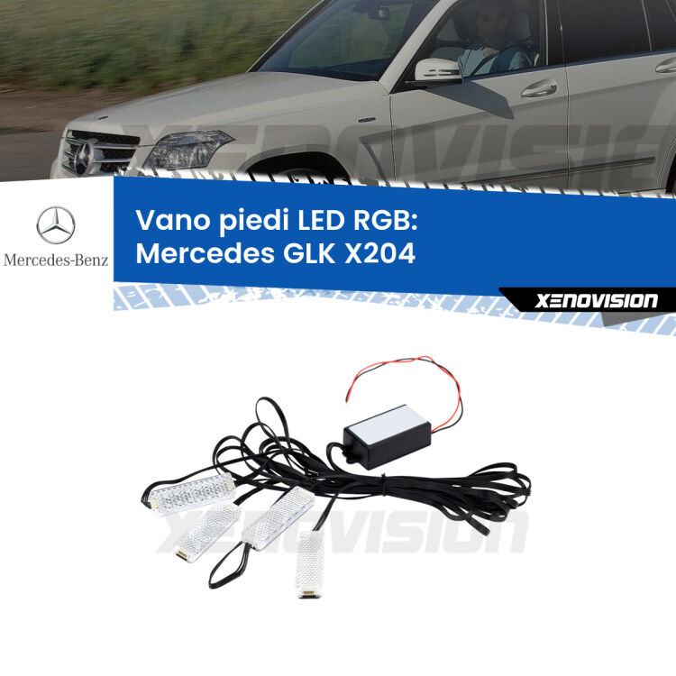 <strong>Kit placche LED cambiacolore vano piedi Mercedes GLK</strong> X204 2008 - 2015. 4 placche <strong>Bluetooth</strong> con app Android /iOS.