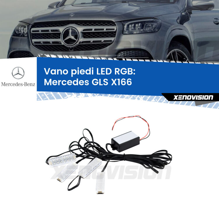 <strong>Kit placche LED cambiacolore vano piedi Mercedes GLS</strong> X166 2015 - 2019. 4 placche <strong>Bluetooth</strong> con app Android /iOS.