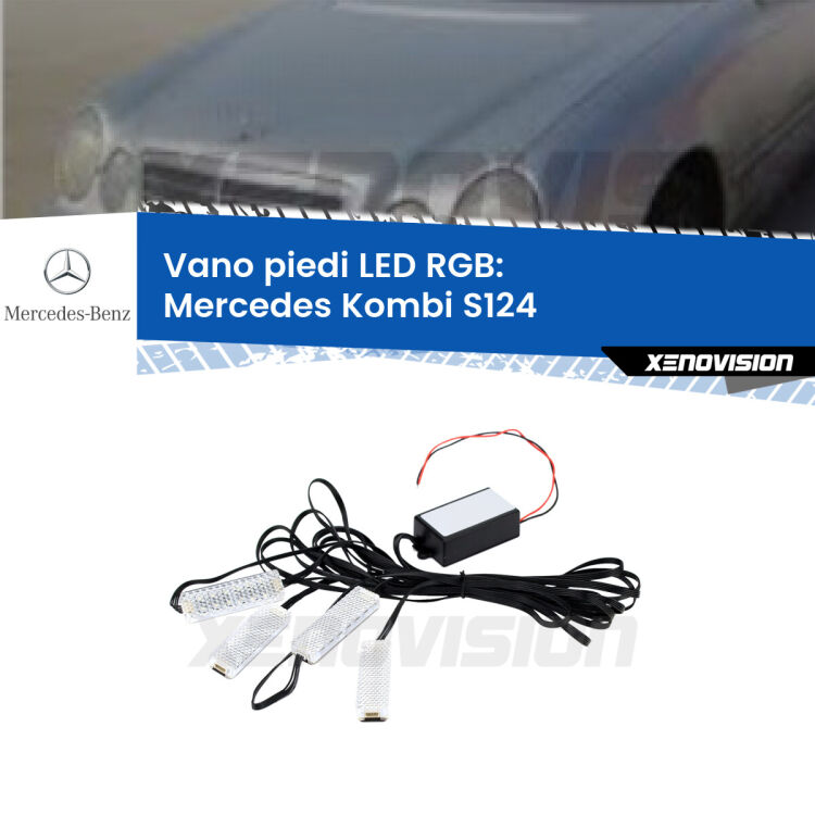 <strong>Kit placche LED cambiacolore vano piedi Mercedes Kombi</strong> S124 1985 - 1993. 4 placche <strong>Bluetooth</strong> con app Android /iOS.