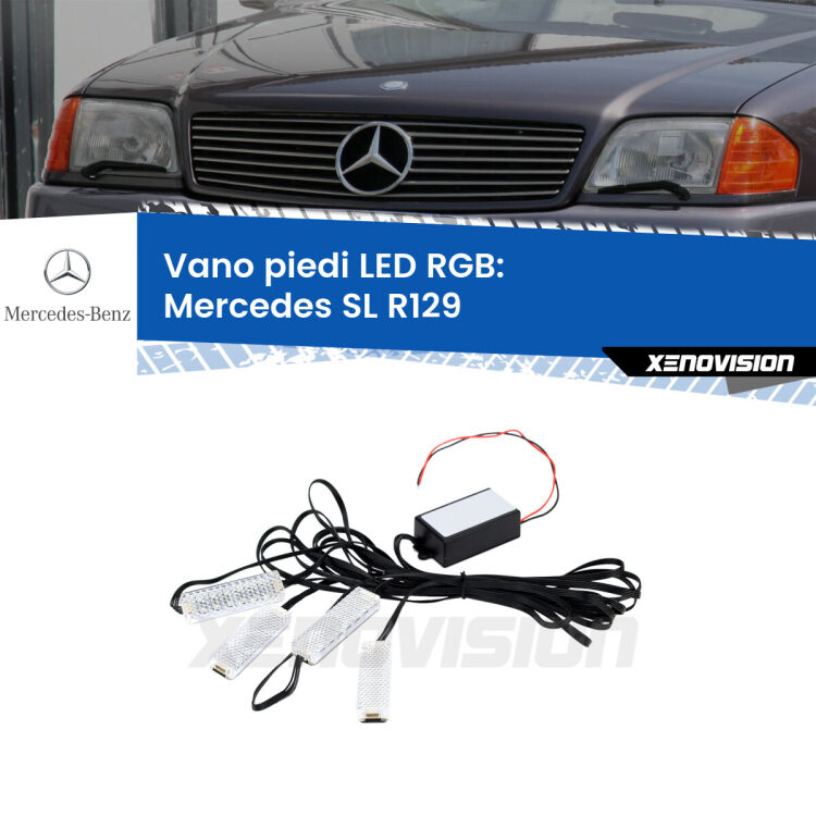 <strong>Kit placche LED cambiacolore vano piedi Mercedes SL</strong> R129 1989 - 2001. 4 placche <strong>Bluetooth</strong> con app Android /iOS.