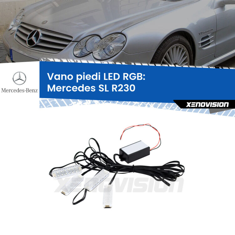 <strong>Kit placche LED cambiacolore vano piedi Mercedes SL</strong> R230 2001 - 2012. 4 placche <strong>Bluetooth</strong> con app Android /iOS.