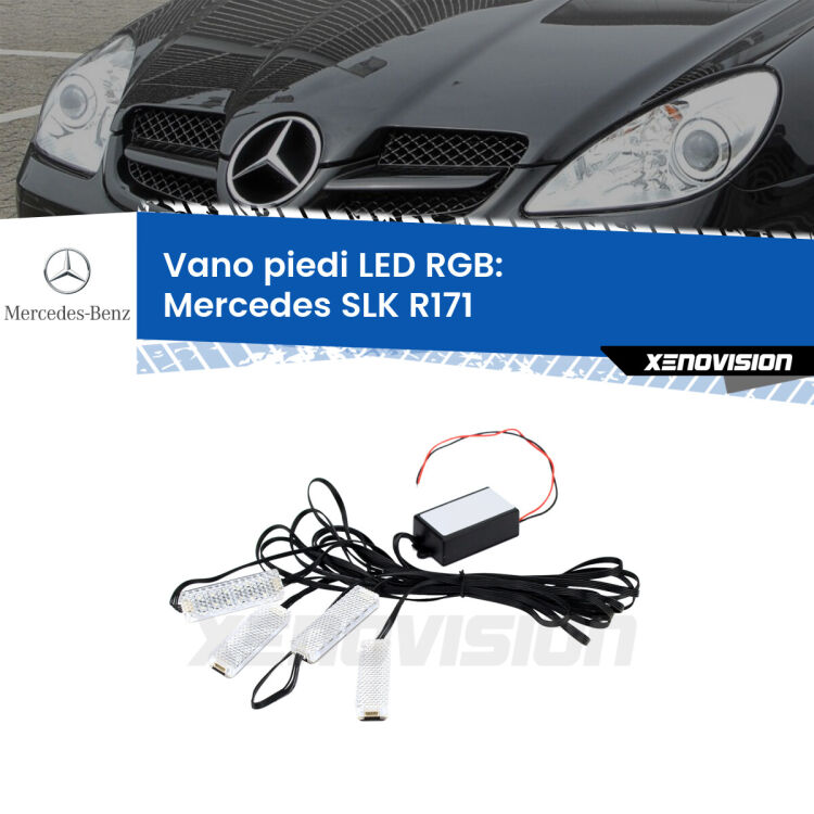 <strong>Kit placche LED cambiacolore vano piedi Mercedes SLK</strong> R171 2004 - 2011. 4 placche <strong>Bluetooth</strong> con app Android /iOS.