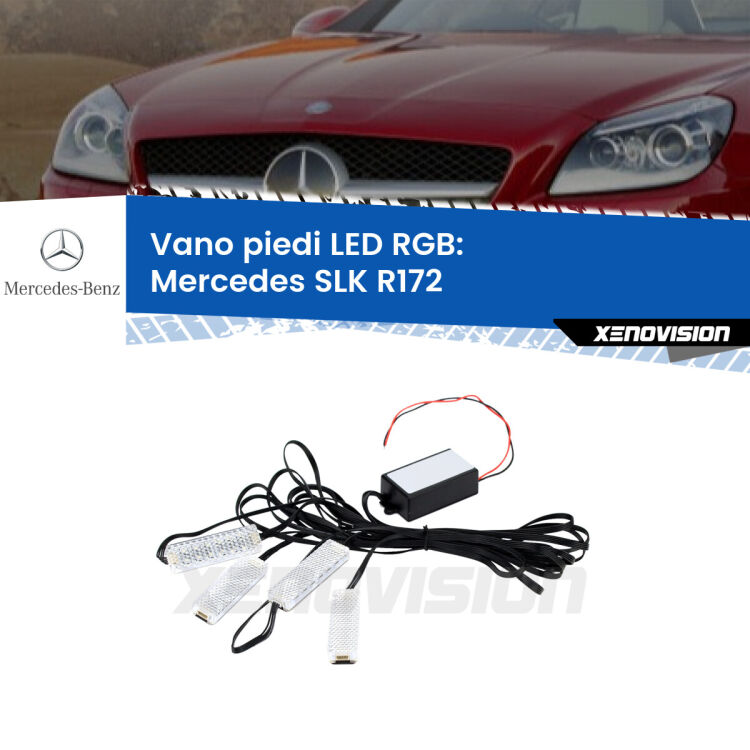 <strong>Kit placche LED cambiacolore vano piedi Mercedes SLK</strong> R172 2011 in poi. 4 placche <strong>Bluetooth</strong> con app Android /iOS.