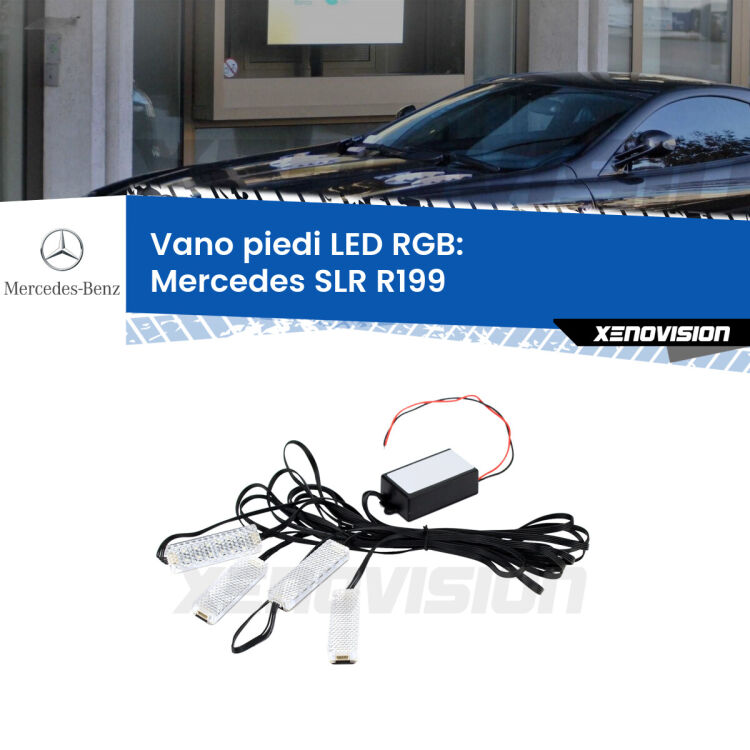 <strong>Kit placche LED cambiacolore vano piedi Mercedes SLR</strong> R199 2004 in poi. 4 placche <strong>Bluetooth</strong> con app Android /iOS.