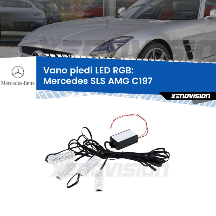 <strong>Kit placche LED cambiacolore vano piedi Mercedes SLS AMG</strong> C197 2010 in poi. 4 placche <strong>Bluetooth</strong> con app Android /iOS.