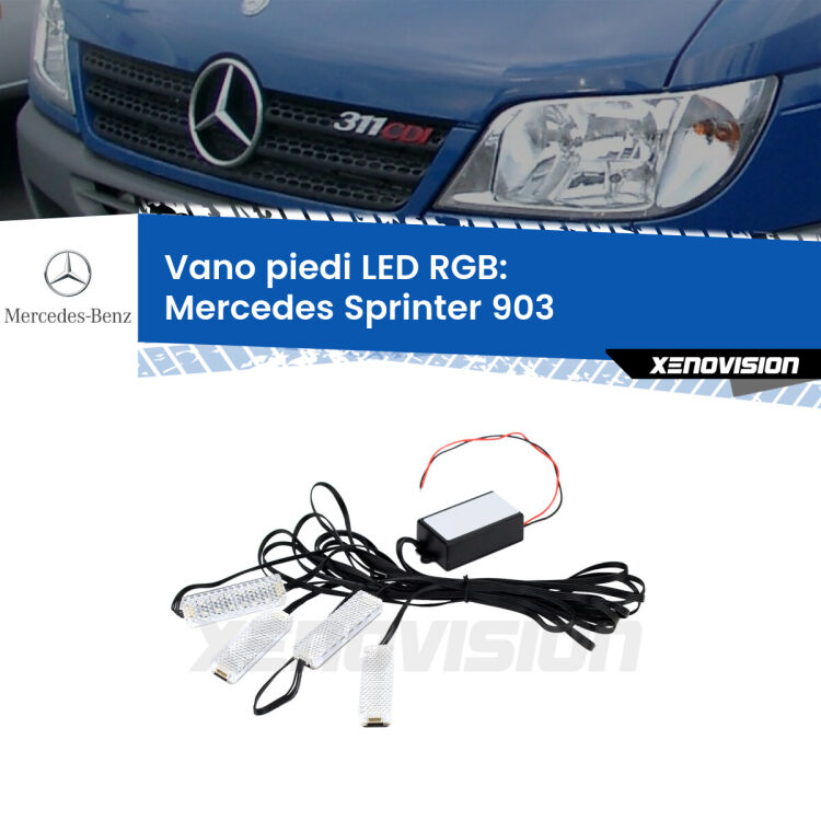 <strong>Kit placche LED cambiacolore vano piedi Mercedes Sprinter</strong> 903 1995 - 2006. 4 placche <strong>Bluetooth</strong> con app Android /iOS.