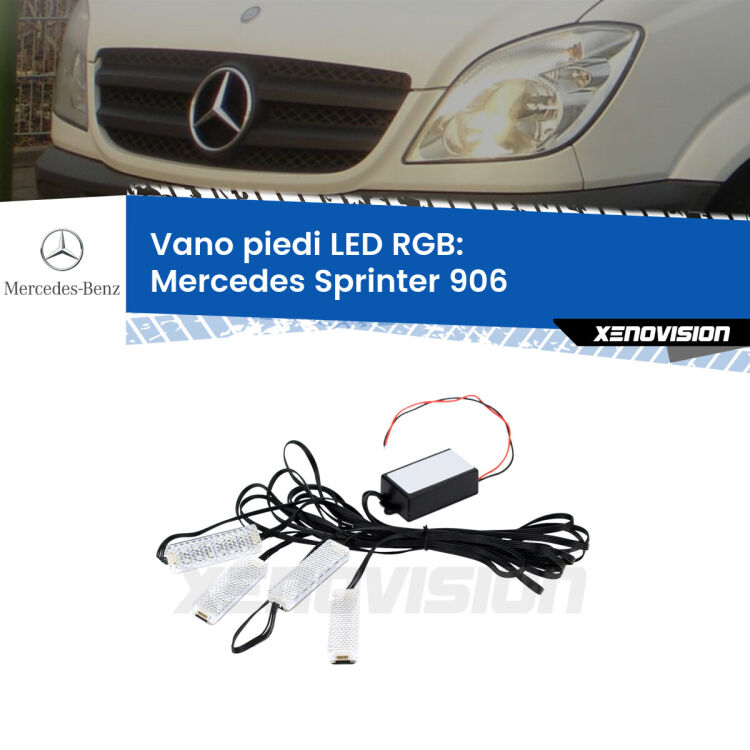 <strong>Kit placche LED cambiacolore vano piedi Mercedes Sprinter</strong> 906 2006 - 2018. 4 placche <strong>Bluetooth</strong> con app Android /iOS.