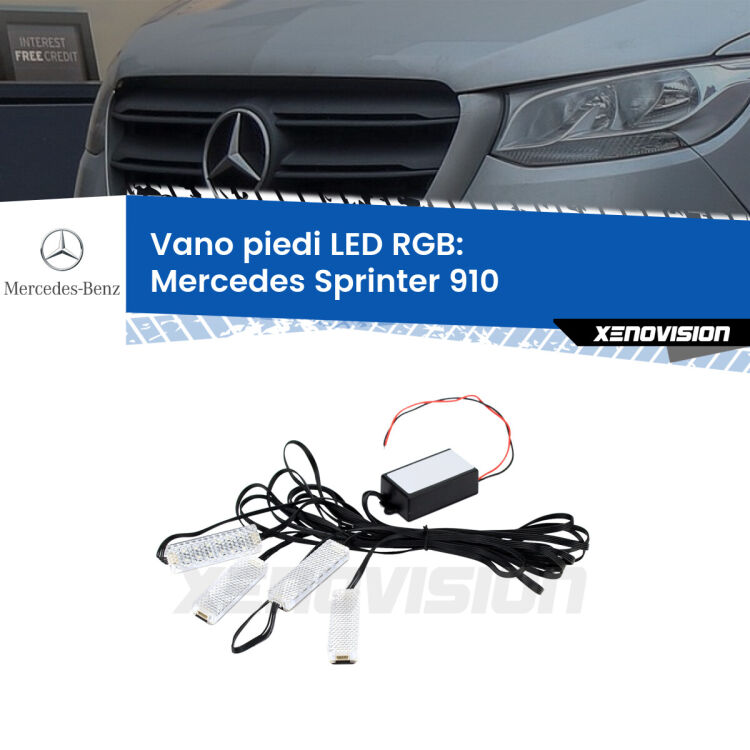 <strong>Kit placche LED cambiacolore vano piedi Mercedes Sprinter</strong> 910 2018 in poi. 4 placche <strong>Bluetooth</strong> con app Android /iOS.
