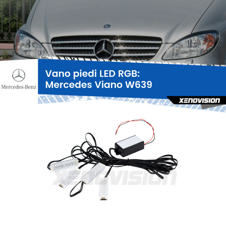 <strong>Kit placche LED cambiacolore vano piedi Mercedes Viano</strong> W639 2003 - 2007. 4 placche <strong>Bluetooth</strong> con app Android /iOS.