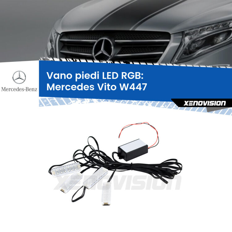 <strong>Kit placche LED cambiacolore vano piedi Mercedes Vito</strong> W447 2014 in poi. 4 placche <strong>Bluetooth</strong> con app Android /iOS.
