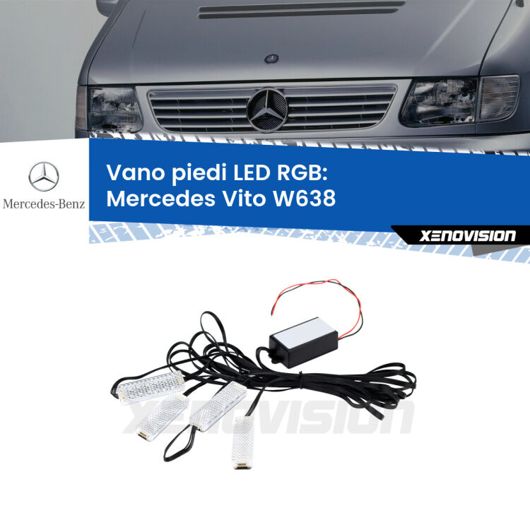 <strong>Kit placche LED cambiacolore vano piedi Mercedes Vito</strong> W638 1996 - 2003. 4 placche <strong>Bluetooth</strong> con app Android /iOS.