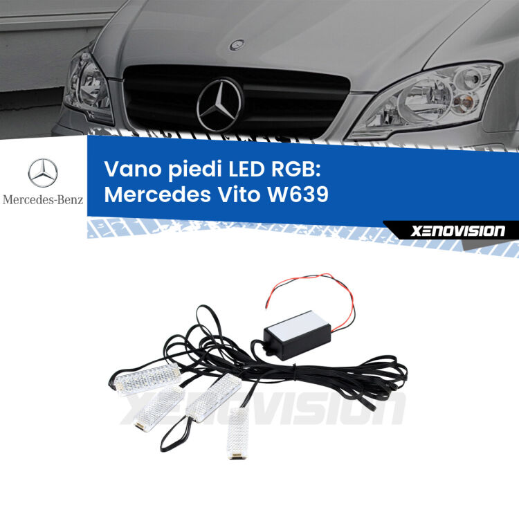 <strong>Kit placche LED cambiacolore vano piedi Mercedes Vito</strong> W639 2003 - 2012. 4 placche <strong>Bluetooth</strong> con app Android /iOS.