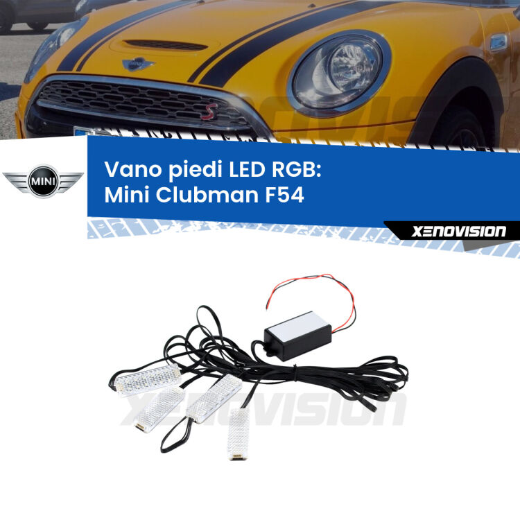 <strong>Kit placche LED cambiacolore vano piedi Mini Clubman</strong> F54 2014 - 2019. 4 placche <strong>Bluetooth</strong> con app Android /iOS.
