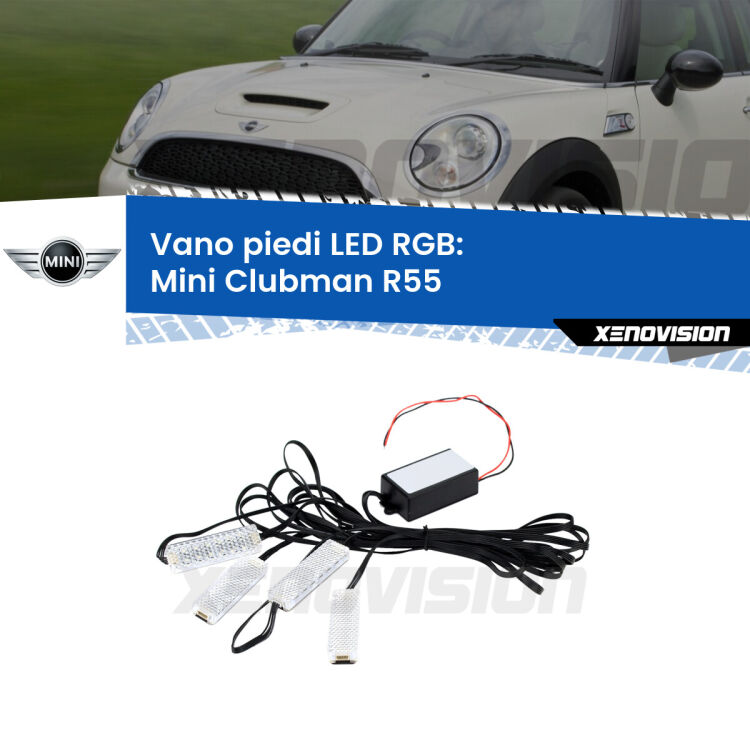 <strong>Kit placche LED cambiacolore vano piedi Mini Clubman</strong> R55 2007 - 2015. 4 placche <strong>Bluetooth</strong> con app Android /iOS.