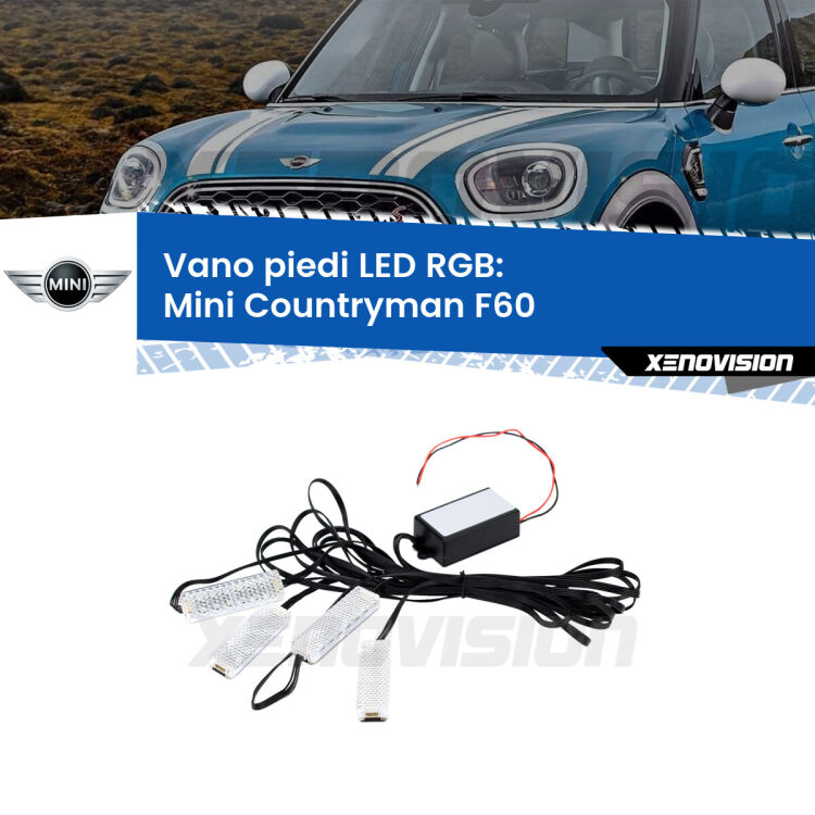 <strong>Kit placche LED cambiacolore vano piedi Mini Countryman</strong> F60 2016 - 2019. 4 placche <strong>Bluetooth</strong> con app Android /iOS.
