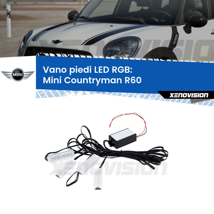 <strong>Kit placche LED cambiacolore vano piedi Mini Countryman</strong> R60 2010 - 2016. 4 placche <strong>Bluetooth</strong> con app Android /iOS.