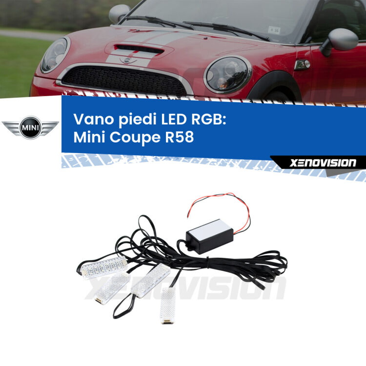 <strong>Kit placche LED cambiacolore vano piedi Mini Coupe</strong> R58 2011 - 2015. 4 placche <strong>Bluetooth</strong> con app Android /iOS.