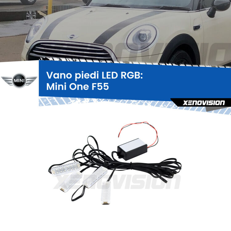 <strong>Kit placche LED cambiacolore vano piedi Mini One</strong> F55 2013 - 2017. 4 placche <strong>Bluetooth</strong> con app Android /iOS.