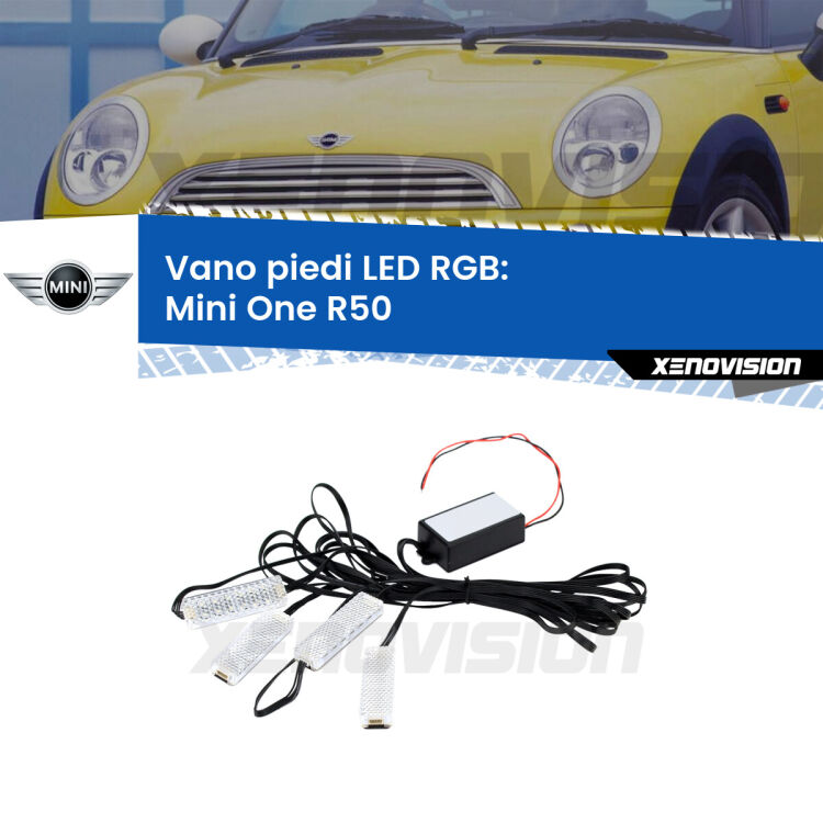 <strong>Kit placche LED cambiacolore vano piedi Mini One</strong> R50 2001 - 2006. 4 placche <strong>Bluetooth</strong> con app Android /iOS.