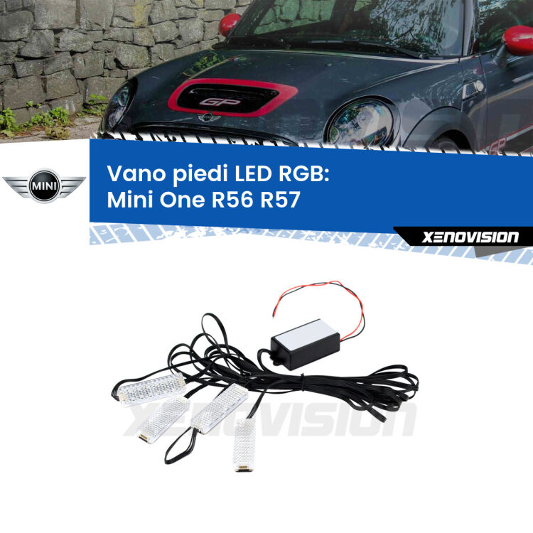 <strong>Kit placche LED cambiacolore vano piedi Mini One</strong> R56 R57 2006 - 2013. 4 placche <strong>Bluetooth</strong> con app Android /iOS.
