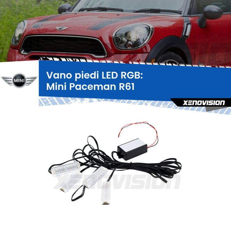 <strong>Kit placche LED cambiacolore vano piedi Mini Paceman</strong> R61 2012 - 2016. 4 placche <strong>Bluetooth</strong> con app Android /iOS.
