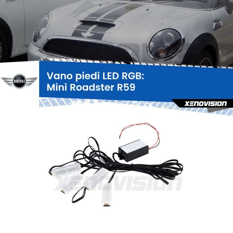 <strong>Kit placche LED cambiacolore vano piedi Mini Roadster</strong> R59 2012 - 2015. 4 placche <strong>Bluetooth</strong> con app Android /iOS.