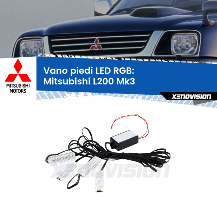 <strong>Kit placche LED cambiacolore vano piedi Mitsubishi L200</strong> Mk3 1996 - 2005. 4 placche <strong>Bluetooth</strong> con app Android /iOS.