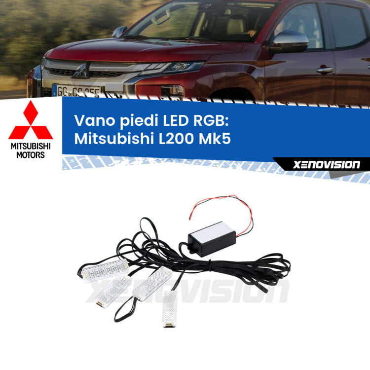 <strong>Kit placche LED cambiacolore vano piedi Mitsubishi L200</strong> Mk5 2015 in poi. 4 placche <strong>Bluetooth</strong> con app Android /iOS.