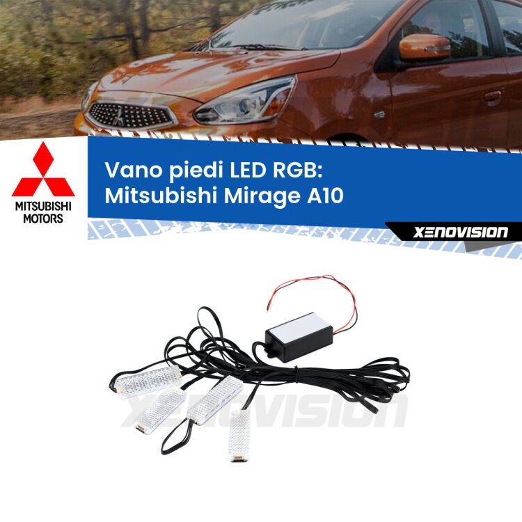 <strong>Kit placche LED cambiacolore vano piedi Mitsubishi Mirage</strong> A10 2013 in poi. 4 placche <strong>Bluetooth</strong> con app Android /iOS.