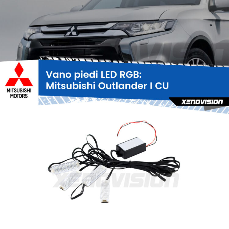 <strong>Kit placche LED cambiacolore vano piedi Mitsubishi Outlander I</strong> CU 2001 - 2006. 4 placche <strong>Bluetooth</strong> con app Android /iOS.